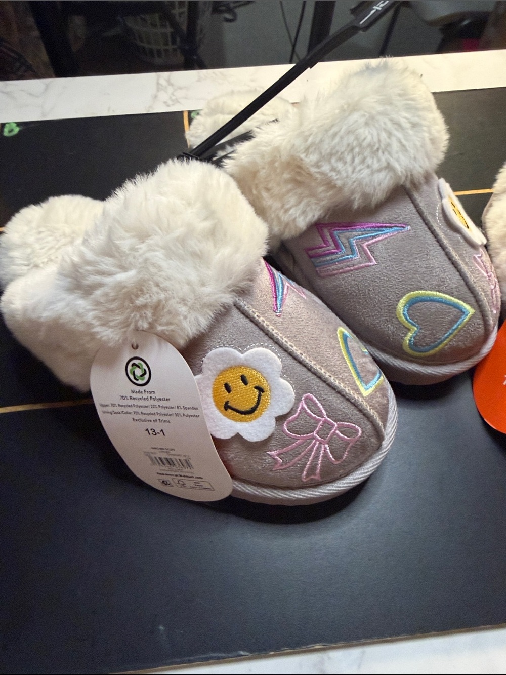 Kids Plush Lined Slippers with Smiley Flower & Heart Accents - Cream